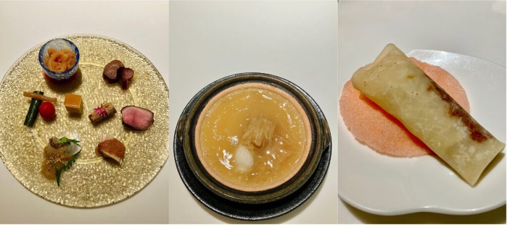 ・前菜盛り合わせ
・大フカヒレ姿煮込み 白湯土鍋仕立て
・北京ダッククレープ包み