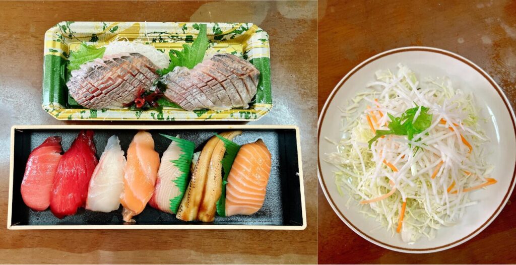 寿司盛り合わせ、鯵お刺身、サラダ