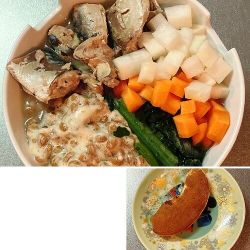 酒さ改善朝昼兼用ごはん
・サラダon雑炊(さば水煮:1缶190g納豆:40g、レンズ豆ごはん:130g、)
・どら焼き:1/3個