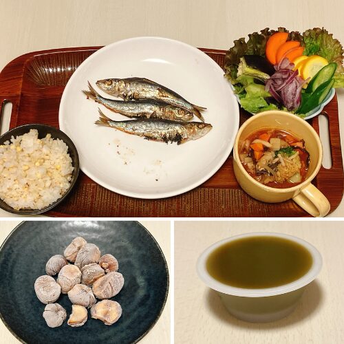 酒さ改善夜ごはん
・レンズ豆ごはん:150g
・イワシのオーブン焼き
・レタス、水なす、にんじん、ズッキーニ、ぬか漬け(きゅうり)、紫玉ねぎサラダ
・和風トマトスープ(鶏もも肉:小3切れ、オリーブオイル:3g)
・甘栗:65g