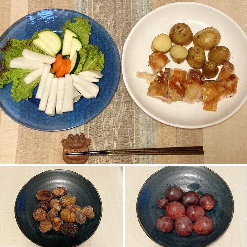酒さ改善夜ごはん
・大根、にんじん、ズッキーニのサラダ
・鶏もも肉オーブン焼き:150g、じゃがいも
・甘栗:100g
・ぶどう(レッドグローブ)