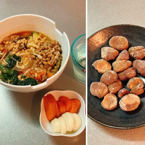 酒さ改善朝ごはん
・オートミール粥(トマトスープ、納豆:40g、オートミール:30g)
・ぬか漬け(にんじん、大根)
・甘栗:100g
【ウォーキング:80分】