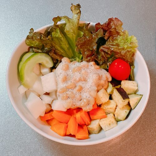 酒さ改善朝ごはん
■納豆雑炊サラダ
・納豆:40g
(味:リンゴ酢、梅干し)
・レンズ豆ごはん
・ぬか漬け(うり)
【ウォーキング:60】