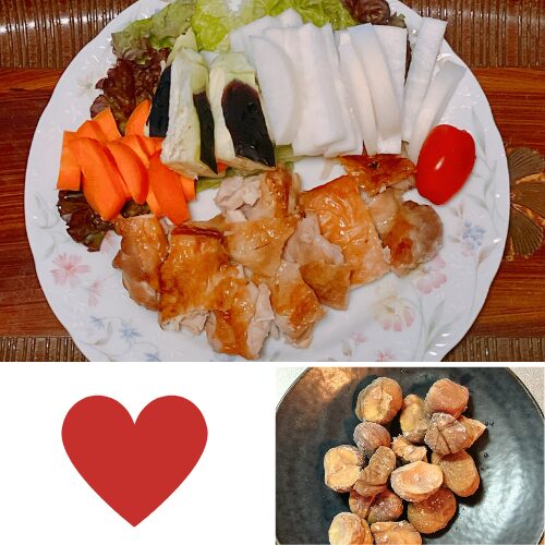 酒さ改善夜ごはん
■鶏もも肉オーブン焼き:240g
・サラダ
・ぬか漬け(にんじん)
■甘栗:100g